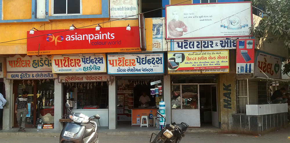 A string of hardware stores owned by Patidars line a shopping complex in Morbi. Photos by Aarefa Johari. A string of hardware stores owned by Patidars line a shopping complex in Morbi. Photos by Aarefa Johari.