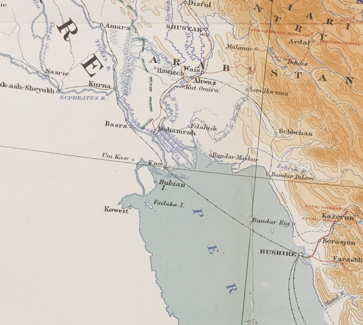 Detail from a 1908 War Office map of Persia and Afghanistan that shows Mohammerah. Image credit: British Library, India Office Records, IOR/L/PS/10/332, f 77. Detail from a 1908 War Office map of Persia and Afghanistan that shows Mohammerah. Image credit: British Library, India Office Records, IOR/L/PS/10/332, f 77.