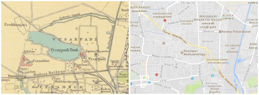 Vyasarpadi Lake. Source: Map of Madras, 1909 and Google maps. Vyasarpadi Lake. Source: Map of Madras, 1909 and Google maps.