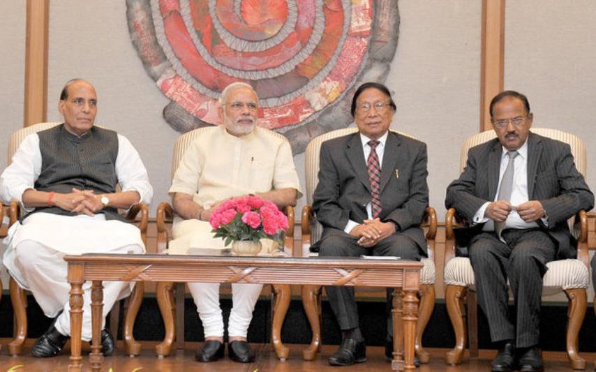 Th Muivah (second from right) with Prime Minister Narendra Modi, Home Minister Rajnath Singh and National Security Adviser Ajit Doval during the signing of the Naga peace accord in 2015. Th Muivah (second from right) with Prime Minister Narendra Modi, Home Minister Rajnath Singh and National Security Adviser Ajit Doval during the signing of the Naga peace accord in 2015.