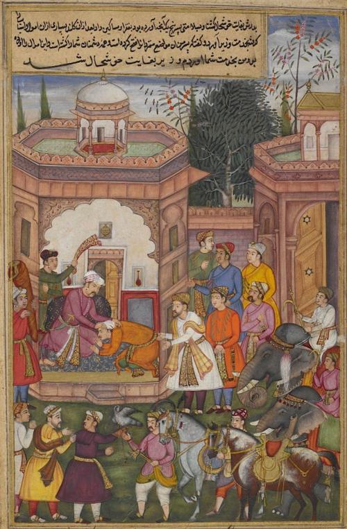 Candrahāsa kneeling before the Raja of Kuntala on being presented to him by the minister Dhṛṣṭabuddhi after Candrahāsa’s victory over the king’s enemies. The elephants, horses and hawk are booty from the enemy. Episode from the 14th book, the Aśvamedhikaparva (horse sacrifice). Painting attributed to Kanhar (Or.12076, f.83v). Candrahāsa kneeling before the Raja of Kuntala on being presented to him by the minister Dhṛṣṭabuddhi after Candrahāsa’s victory over the king’s enemies. The elephants, horses and hawk are booty from the enemy. Episode from the 14th book, the Aśvamedhikaparva (horse sacrifice). Painting attributed to Kanhar (Or.12076, f.83v).