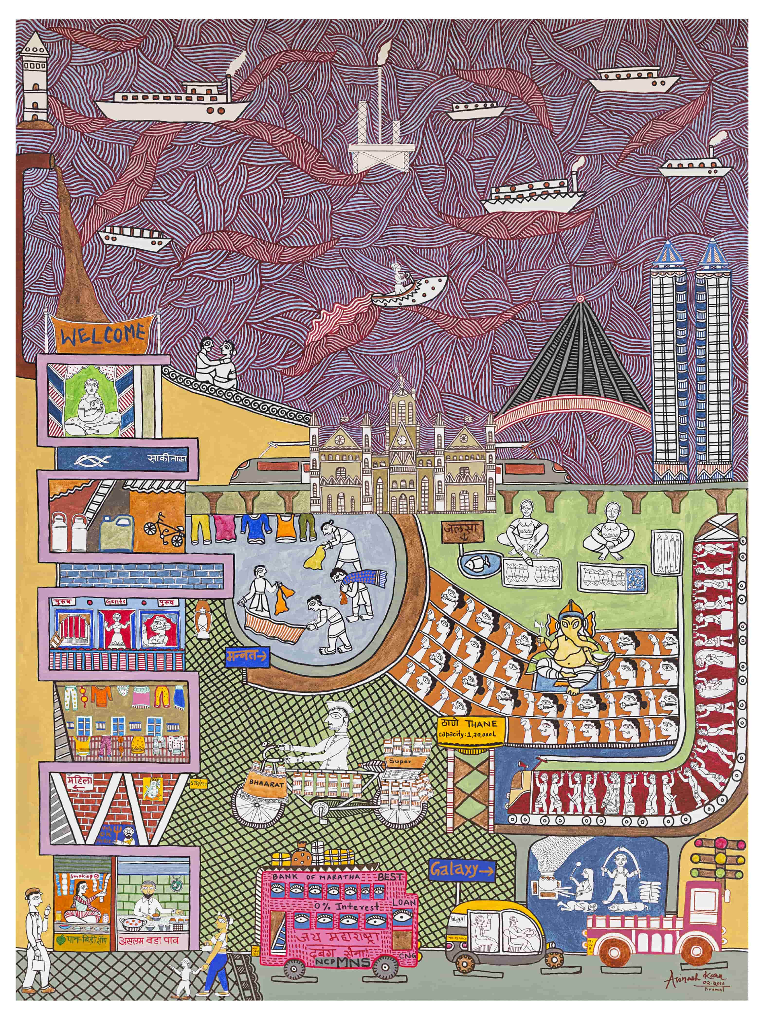 In 'An Ode to Mumbai', Karn has replicated his experience of the city. The upper half of the painting is dedicated to the Arabian Sea and the rest of the canvas shows the city – a couple on a date on Marine Drive, a brothel within a slum, the iconic Church Gate, a pink (not the official red) BEST bus with commuter eyes staring out of every bus window, dabbawalas and, of course, a vada pav stall. In 'An Ode to Mumbai', Karn has replicated his experience of the city. The upper half of the painting is dedicated to the Arabian Sea and the rest of the canvas shows the city – a couple on a date on Marine Drive, a brothel within a slum, the iconic Church Gate, a pink (not the official red) BEST bus with commuter eyes staring out of every bus window, dabbawalas and, of course, a vada pav stall.