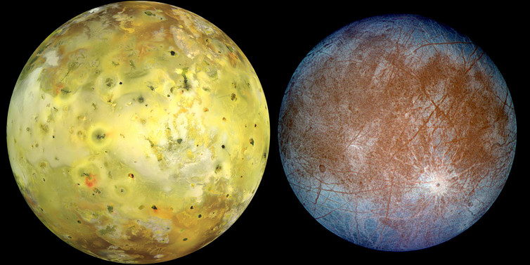 Left: Io in natural colour. Right: Europa, in exaggerated false colour to accentuate the difference between ‘clean’ ice (blue) and ‘dirty’ ice (red). NASA/JPL/University of Arizona/DLR Left: Io in natural colour. Right: Europa, in exaggerated false colour to accentuate the difference between ‘clean’ ice (blue) and ‘dirty’ ice (red). NASA/JPL/University of Arizona/DLR