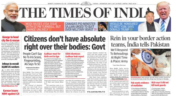 The May 3 edition of The Times of India reports the Modi government's stand on Aadhaar in the Supreme Court. The May 3 edition of The Times of India reports the Modi government's stand on Aadhaar in the Supreme Court.