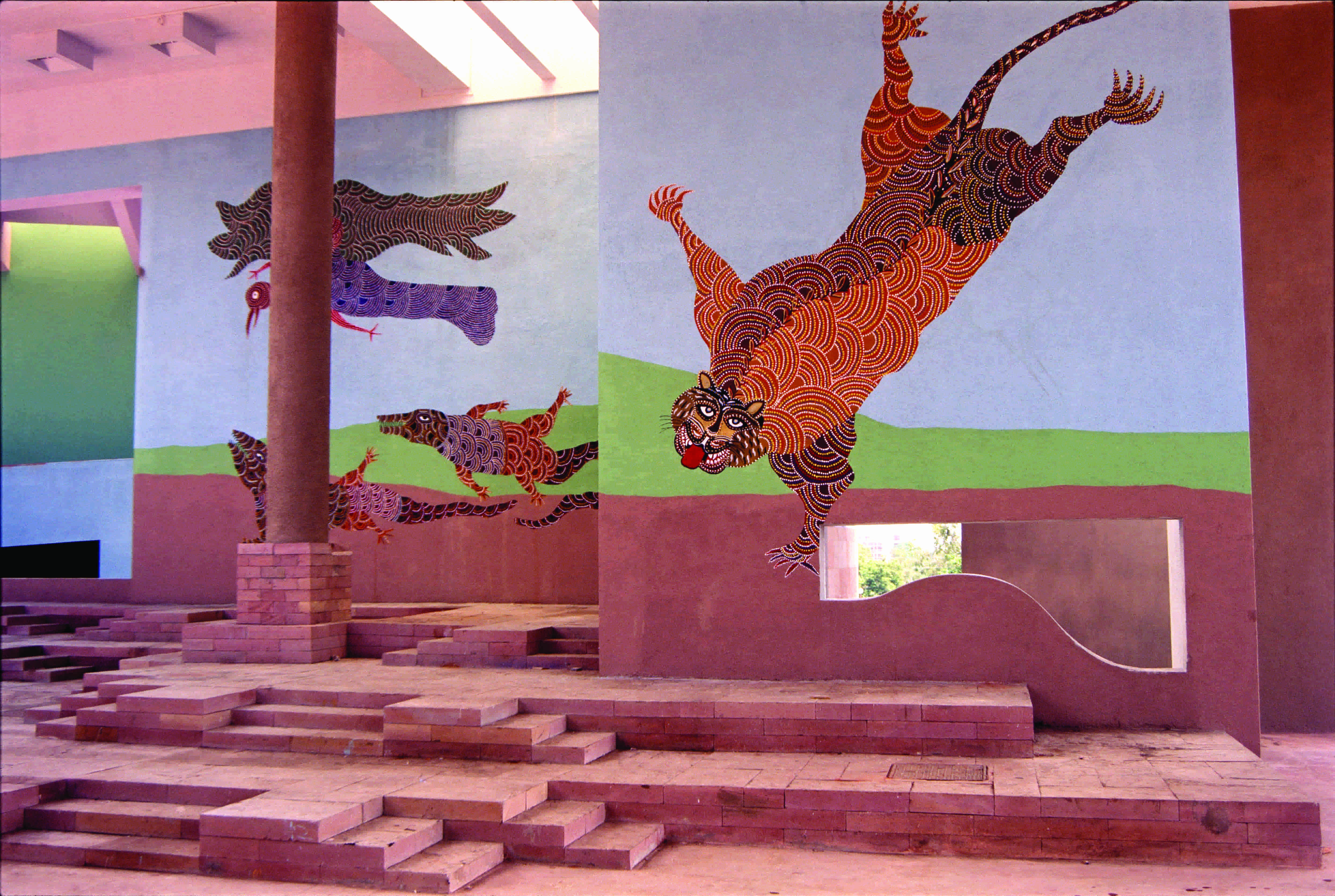A mural at Bharat Bhavan in Bhopal by Jangarh Singh Shyam showing tigers, 1997 (photograph by Charles Correa). A mural at Bharat Bhavan in Bhopal by Jangarh Singh Shyam showing tigers, 1997 (photograph by Charles Correa).