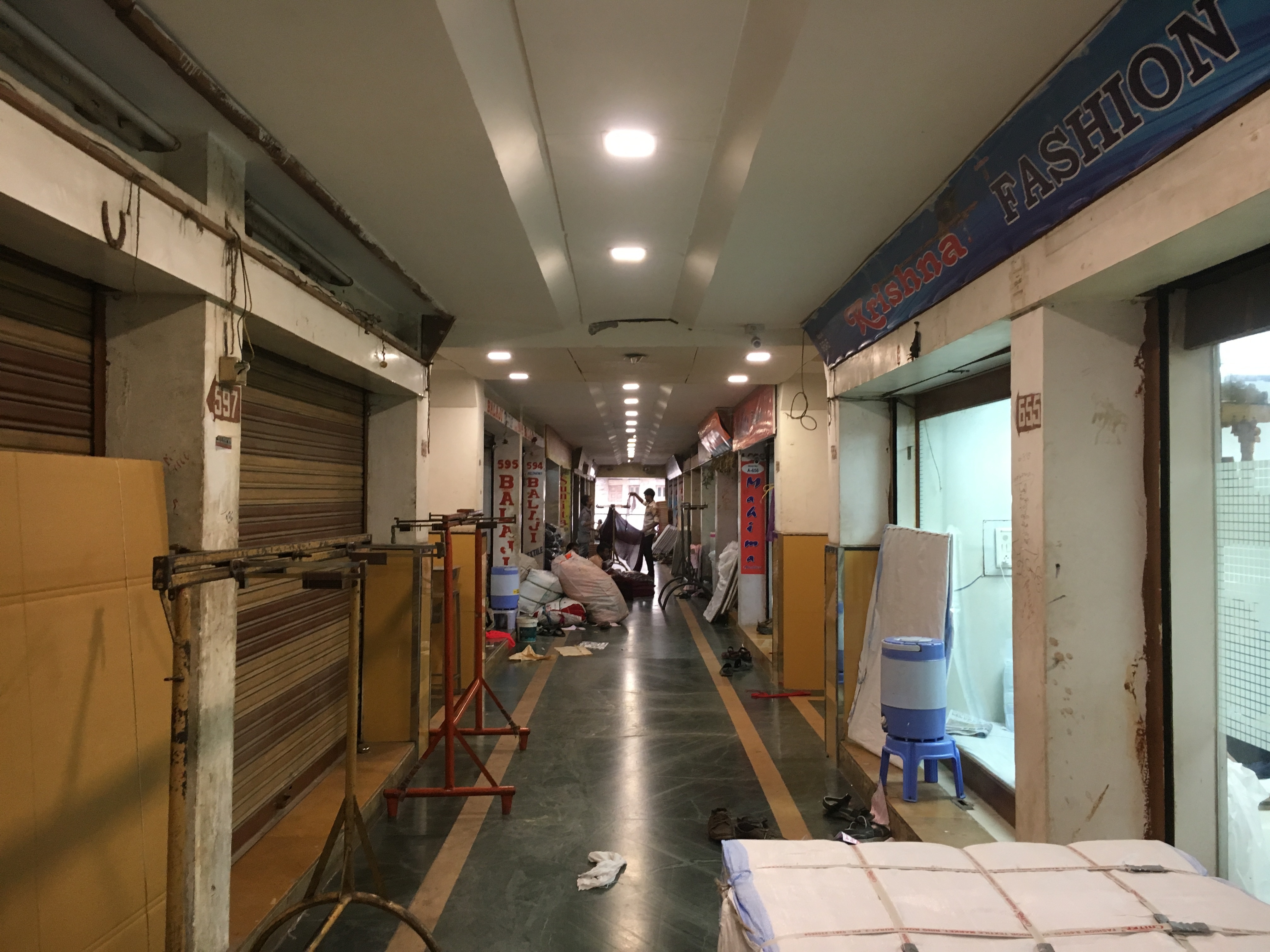 Textile market and the empty corridor outside it in Surat. Textile market and the empty corridor outside it in Surat.