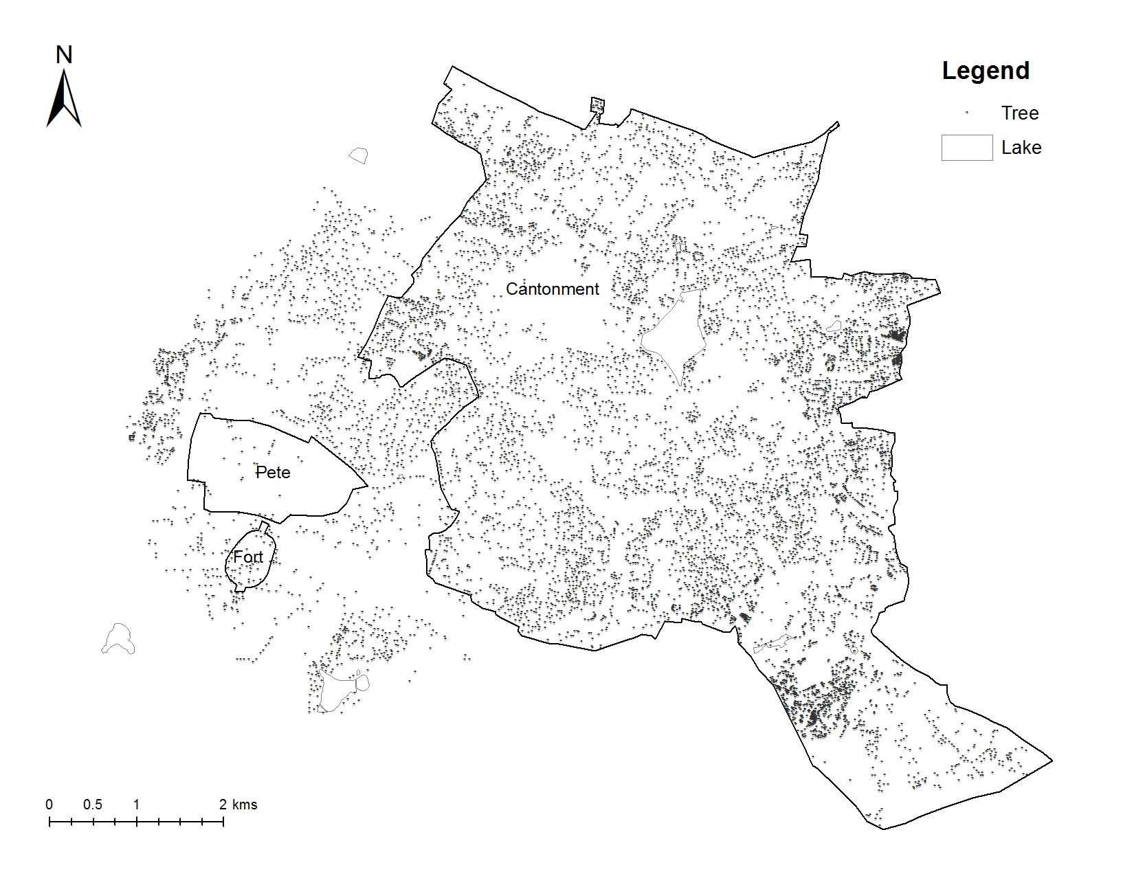 Distribution of trees and lakes in Bengaluru in 2015 Distribution of trees and lakes in Bengaluru in 2015