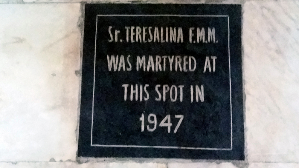 A memorial stone marks spot where Mary Teresalina fell in the maternity ward in St Joseph's Hospital, Baramulla. Photo credit: Ipsita Chakravarty A memorial stone marks spot where Mary Teresalina fell in the maternity ward in St Joseph's Hospital, Baramulla. Photo credit: Ipsita Chakravarty