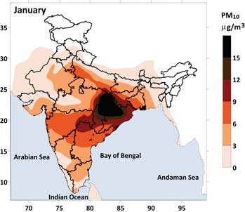 Monthly average PM10 concentrations due to emissions from coal-fired thermal power plants in India. Source: Greenpeace India Monthly average PM10 concentrations due to emissions from coal-fired thermal power plants in India. Source: Greenpeace India
