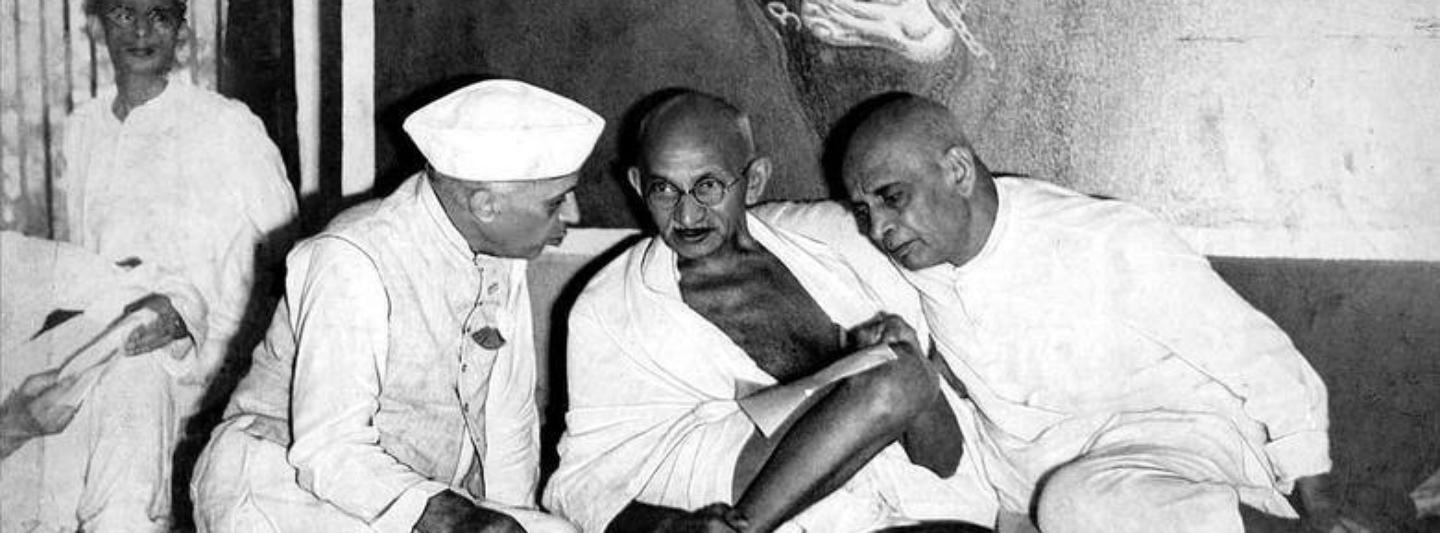 Mahatma Gandhi with Jawaharlal Nehru and Vallabhbhai Patel at a Congress meeting. Patel sought to take the party in a conservative direction, which Nehru opposed. (Credit: Wikimedia Commons) Mahatma Gandhi with Jawaharlal Nehru and Vallabhbhai Patel at a Congress meeting. Patel sought to take the party in a conservative direction, which Nehru opposed. (Credit: Wikimedia Commons)