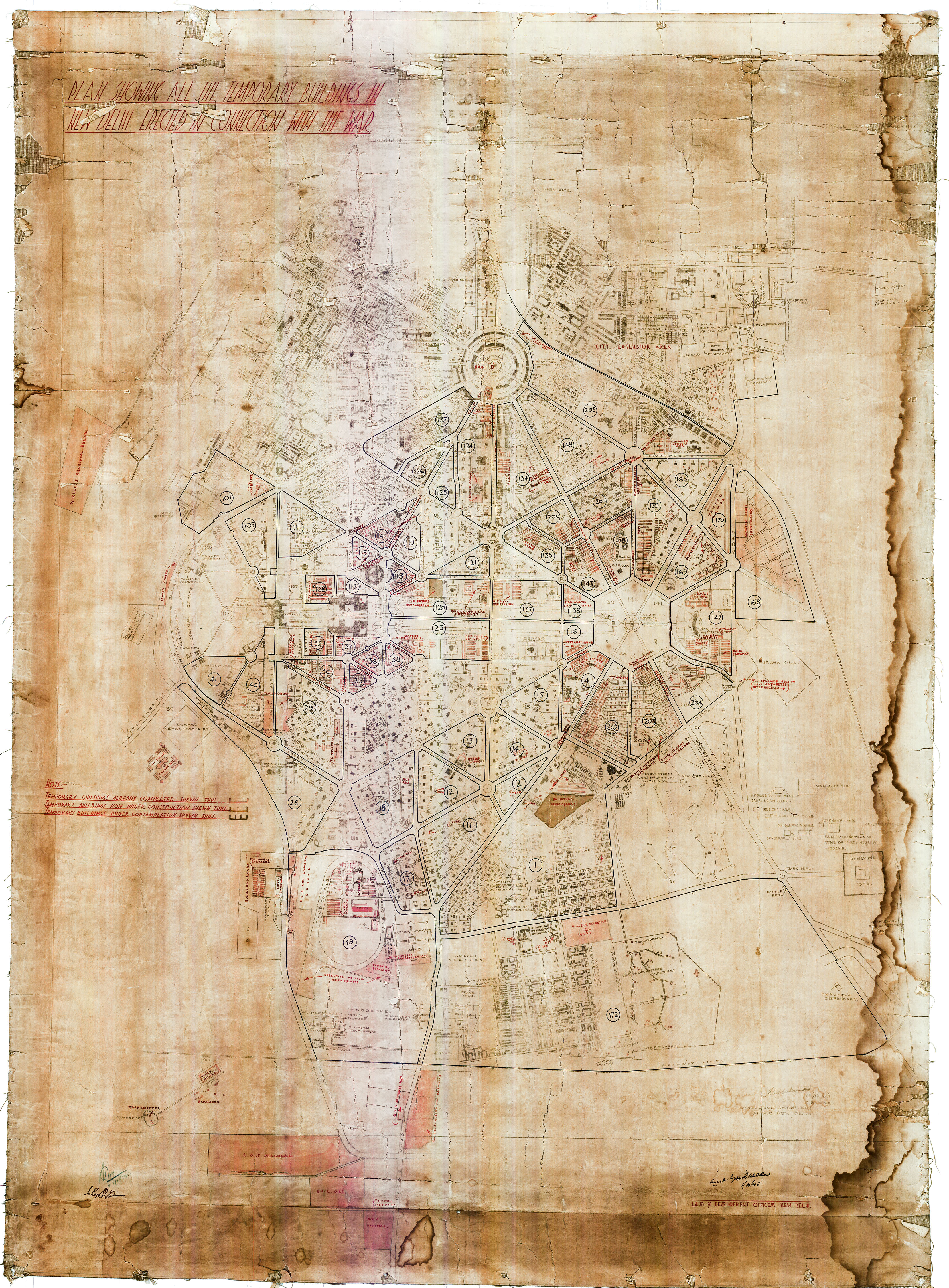 Plan Showing All The Temporary Buildings in New Delhi erected in Connection with the War, 1945. Delhi State Archives (Image from 'Maps of Delhi' by Pilar Maria Guerrieri; Niyogi Books). Plan Showing All The Temporary Buildings in New Delhi erected in Connection with the War, 1945. Delhi State Archives (Image from 'Maps of Delhi' by Pilar Maria Guerrieri; Niyogi Books).
