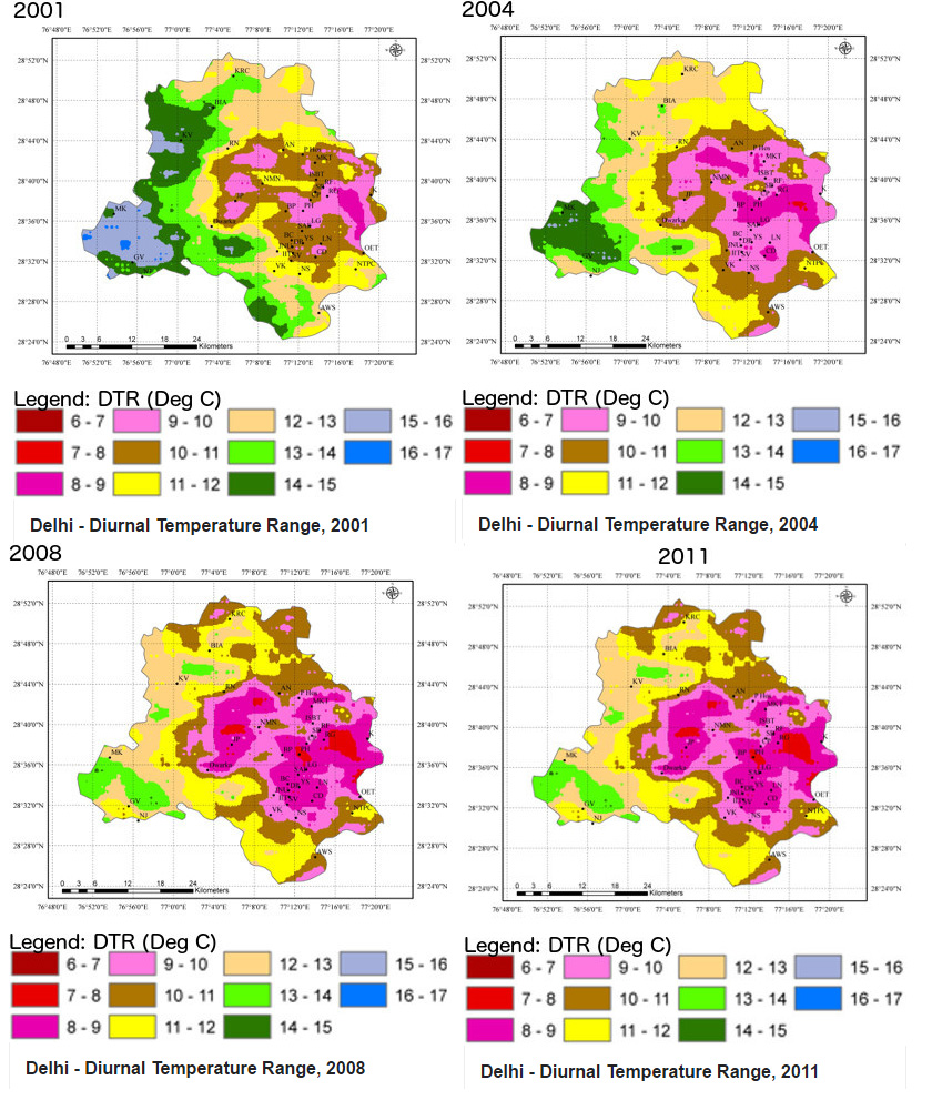 Source: Indian Institute of Technology Delhi. In Delhi, the difference between maximum and minimum temperature during the day has reduced over the years, especially in its fast-growing residential areas and commercial hubs. Source: Indian Institute of Technology Delhi. In Delhi, the difference between maximum and minimum temperature during the day has reduced over the years, especially in its fast-growing residential areas and commercial hubs.