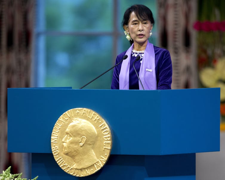 Aung San Suu Kyi delivering her Nobel lecture at Oslo’s City Hall on June 16, 2012. Photo credit: Daniel Sannum Lauten/Pool/Reuters Aung San Suu Kyi delivering her Nobel lecture at Oslo’s City Hall on June 16, 2012. Photo credit: Daniel Sannum Lauten/Pool/Reuters