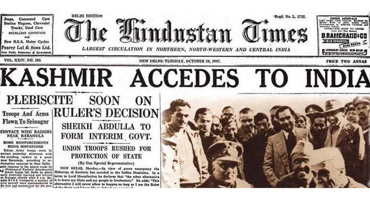The kingdom of Jammu and Kashmir agreed to accede to the Union of India in October 1947. (Credit: www.asian-voice.com) The kingdom of Jammu and Kashmir agreed to accede to the Union of India in October 1947. (Credit: www.asian-voice.com)