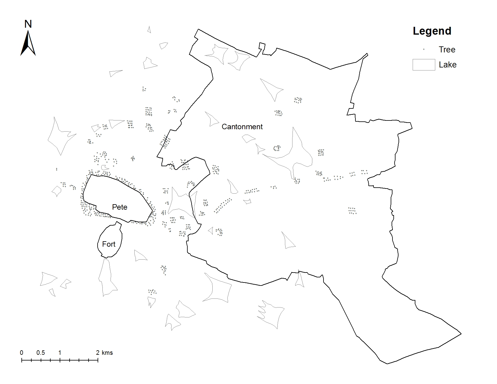 Distribution of trees and lakes in Bengaluru in 1791 Distribution of trees and lakes in Bengaluru in 1791