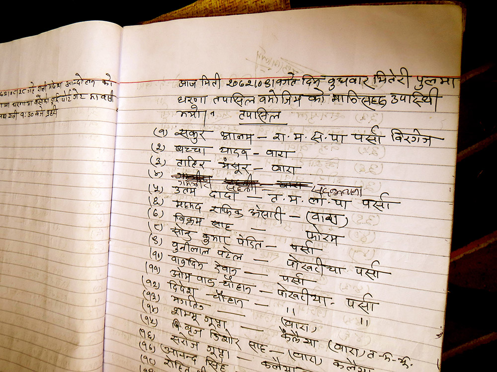 The roster of who will manage the protest in the tent on Matreyi bridge is divided as per tehsil and villages. Thousands have taken turns. Photo: Anumeha Yadav The roster of who will manage the protest in the tent on Matreyi bridge is divided as per tehsil and villages. Thousands have taken turns. Photo: Anumeha Yadav