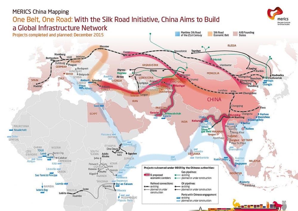 A partial representation of China’s One Belt One Road scheme, circa 2015. Source: Mercator Institute for China Studies A partial representation of China’s One Belt One Road scheme, circa 2015. Source: Mercator Institute for China Studies