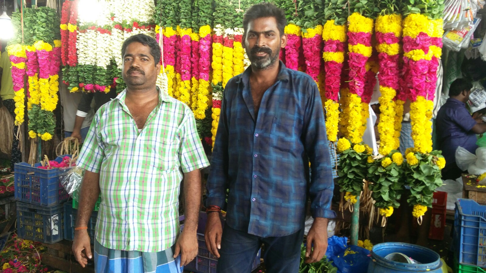 Velmurugan and Selvaraj at their stall in the market. Credit: Vinita Govindarajan Velmurugan and Selvaraj at their stall in the market. Credit: Vinita Govindarajan