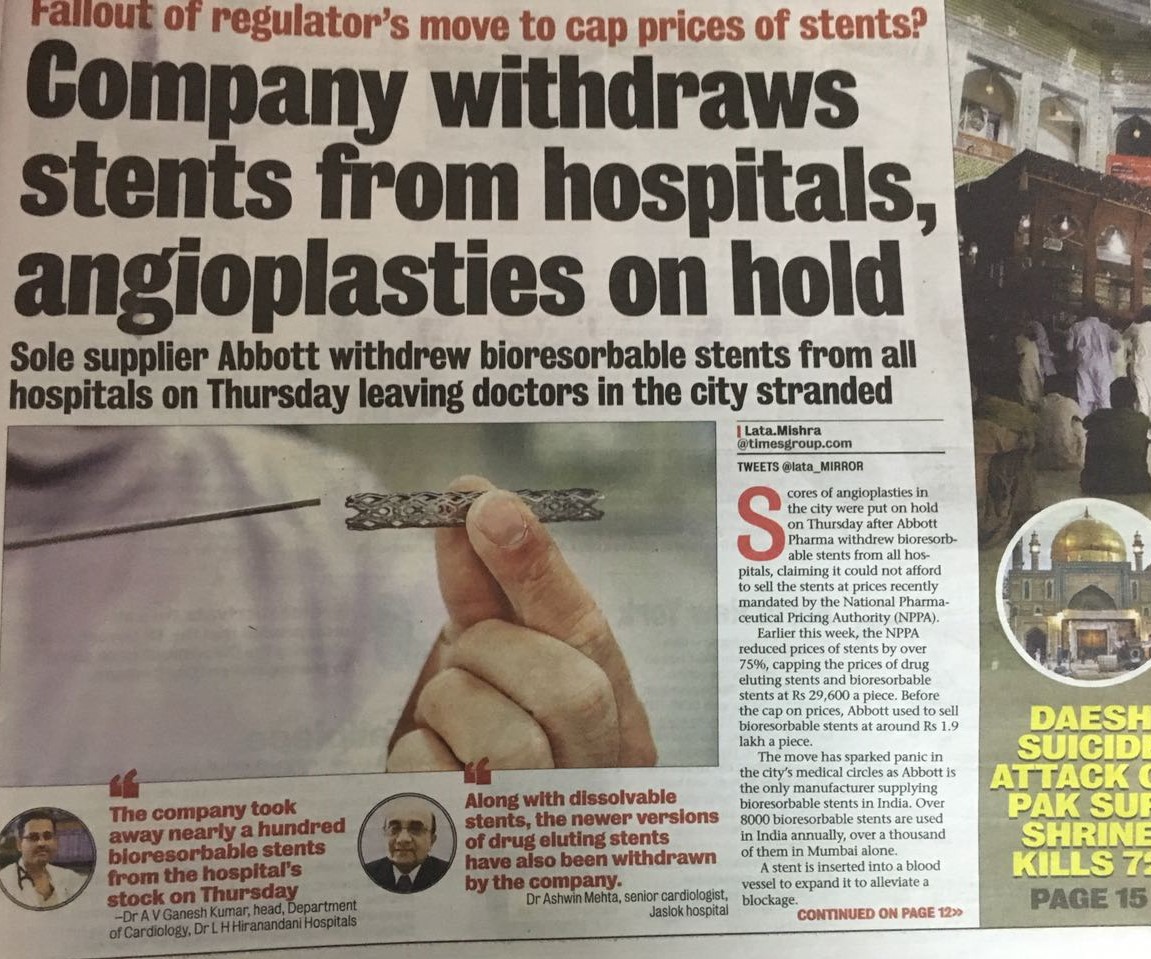Media reports on withdrawal of stents from hospitals. Media reports on withdrawal of stents from hospitals.