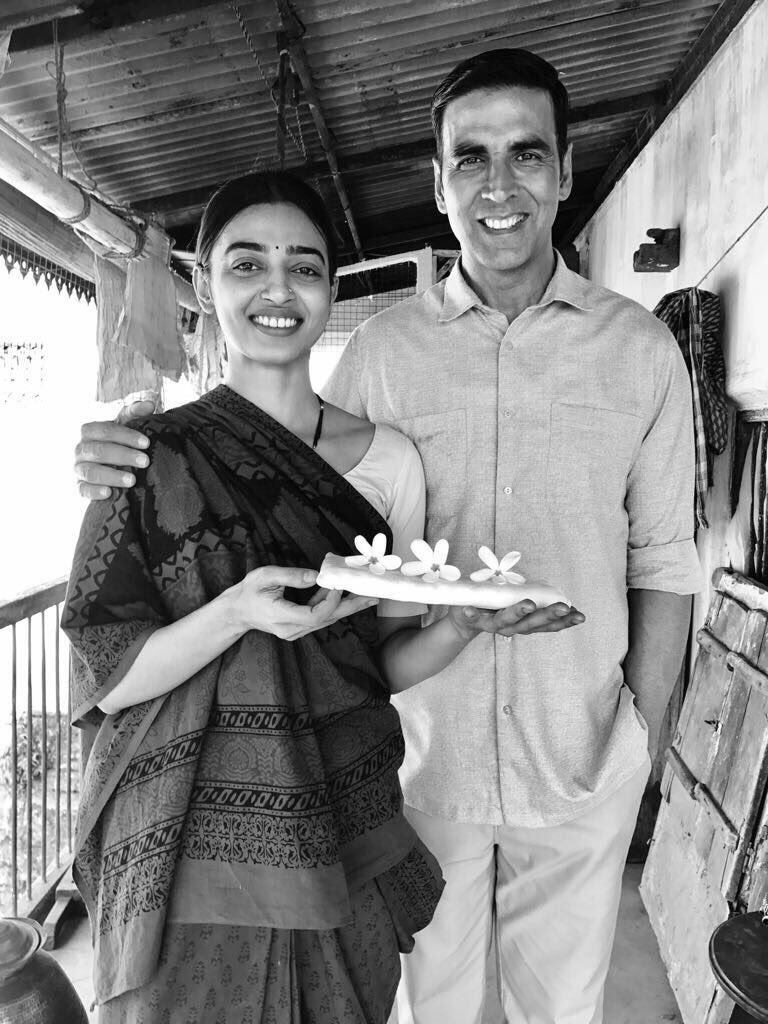Radhika Apte and Akshay Kumar on the sets of Padman. Courtesy Twitter. Radhika Apte and Akshay Kumar on the sets of Padman. Courtesy Twitter.