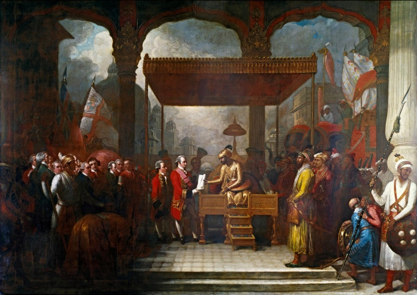 The Mughal emperor Shah Alam hands the diwani to Robert Clive, transferring tax collecting rights in Bengal, Bihar and Orissa to the East India Company; by Benjamin West, 1818. Image credit: Wikimedia Commons. The Mughal emperor Shah Alam hands the diwani to Robert Clive, transferring tax collecting rights in Bengal, Bihar and Orissa to the East India Company; by Benjamin West, 1818. Image credit: Wikimedia Commons.