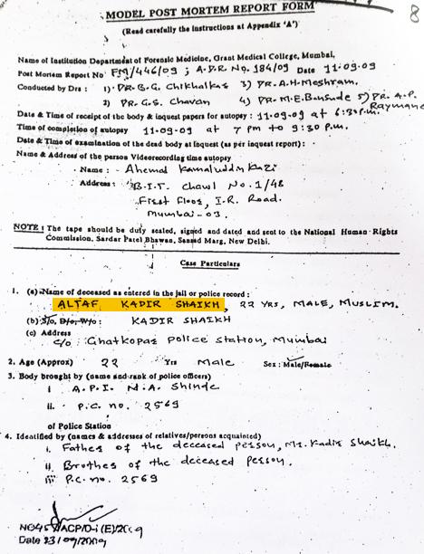 Copy of post-mortem report of Altaf Shaikh, September 11, 2009. Copy of post-mortem report of Altaf Shaikh, September 11, 2009.