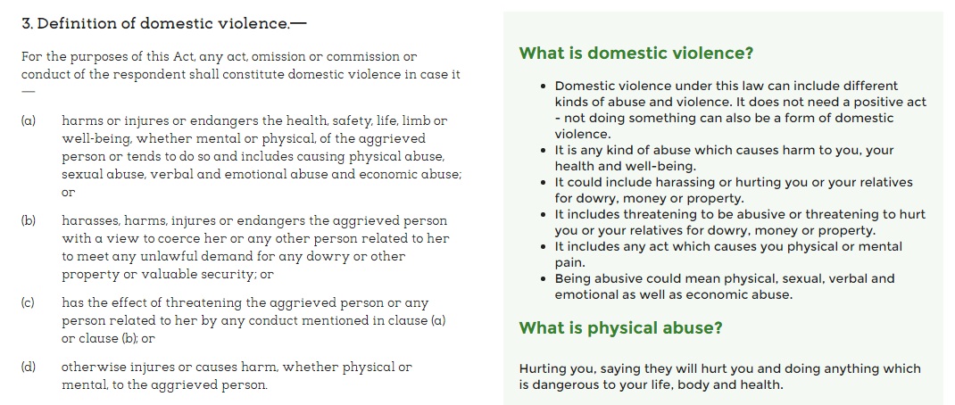 A screen shot from Nyaaya.in's guide to the law on domestic violence: the original law is on the left and the annotations are on the right. A screen shot from Nyaaya.in's guide to the law on domestic violence: the original law is on the left and the annotations are on the right.