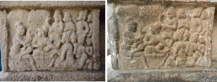 Stone sculpture of a council of ministers, at Nageshwaran temple in Kumbakonam, after and before water-blasting. Credit: India Pride Project Stone sculpture of a council of ministers, at Nageshwaran temple in Kumbakonam, after and before water-blasting. Credit: India Pride Project