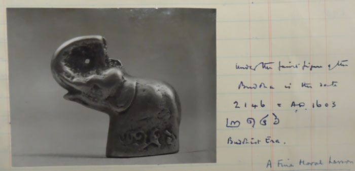 Notes on a small bronze elephant figurine, dated 1603 AD, collected by Le May in Northern Siam. MSS Eur C275/6 Notes on a small bronze elephant figurine, dated 1603 AD, collected by Le May in Northern Siam. MSS Eur C275/6