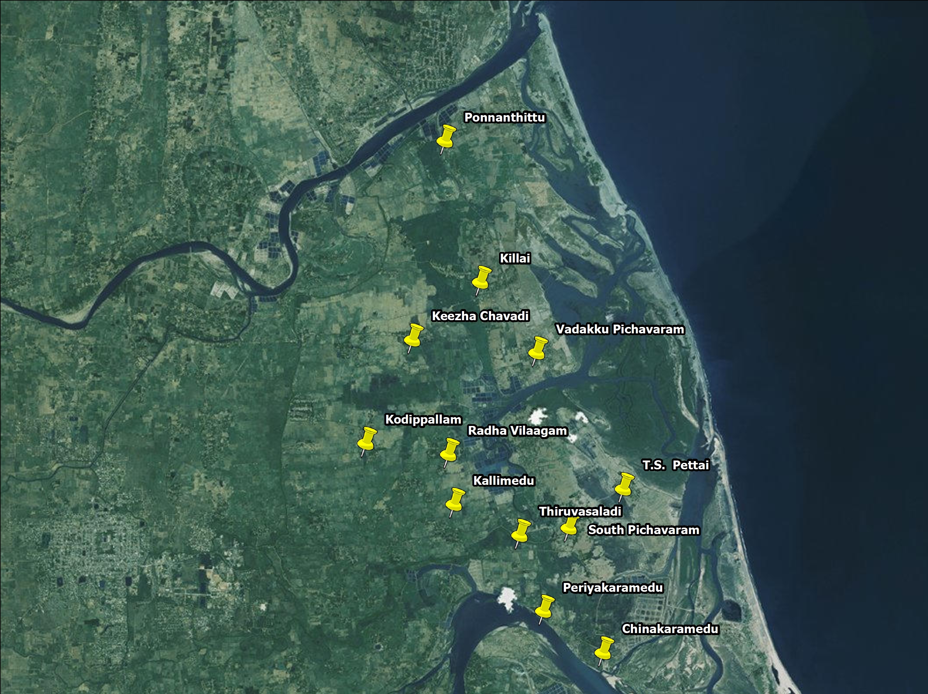 A map of villages around the Pichavaram mangroves, which are dotted with shrimp farms. Credit: Coastal People's Rights Movement A map of villages around the Pichavaram mangroves, which are dotted with shrimp farms. Credit: Coastal People's Rights Movement