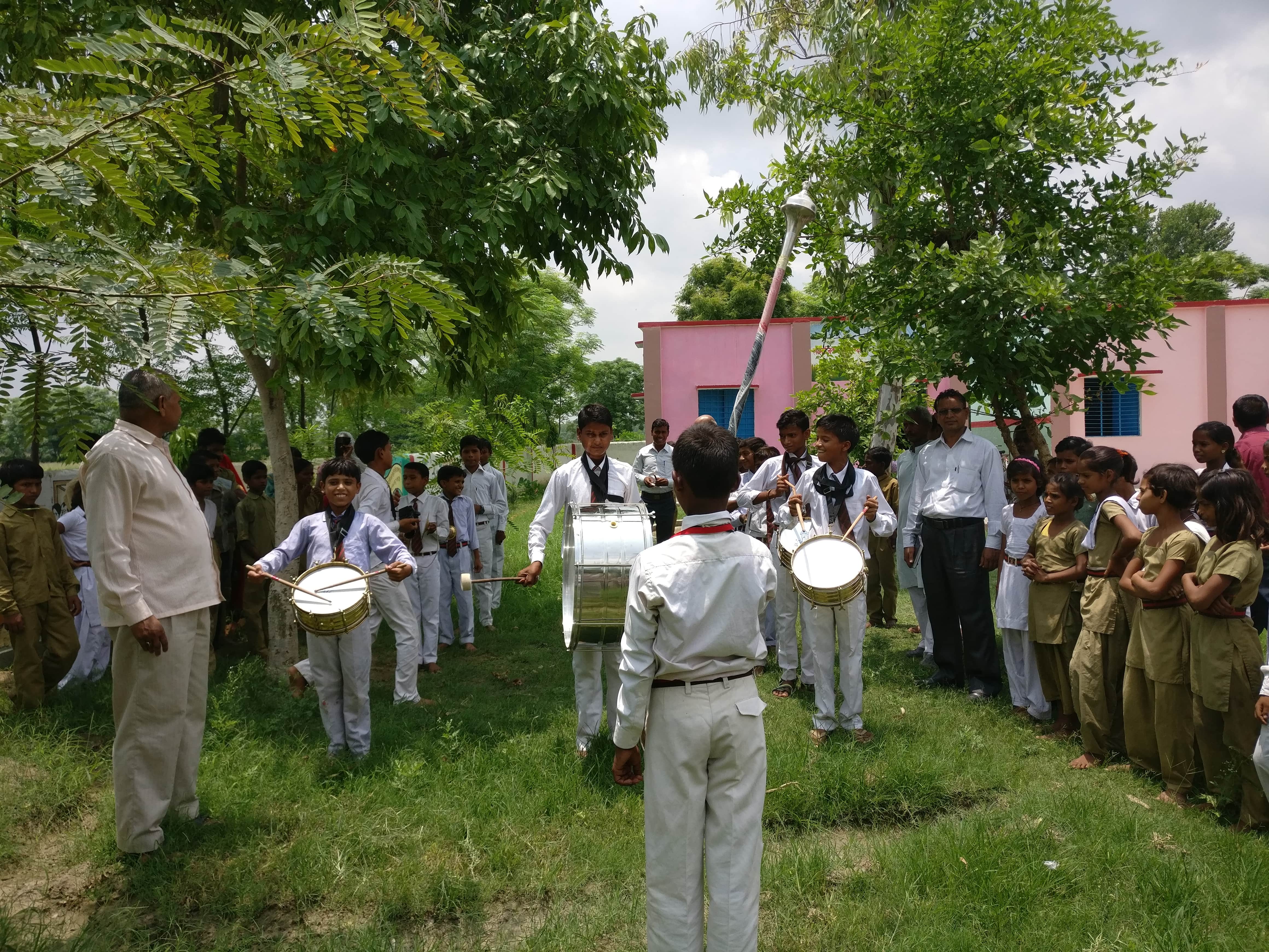 Principal Satyapal Singh and teacher Kunwarsen supervise as boys at the upper primary school in Harraipur play the band. Photo credit: Shreya Roy Chowdhury Principal Satyapal Singh and teacher Kunwarsen supervise as boys at the upper primary school in Harraipur play the band. Photo credit: Shreya Roy Chowdhury
