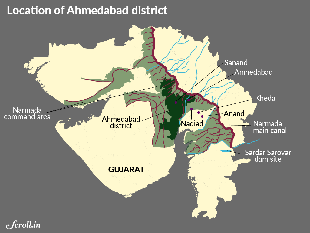 Ahmedabad district seems to entirely fall within the command area of the Narmada project. Ahmedabad district seems to entirely fall within the command area of the Narmada project.