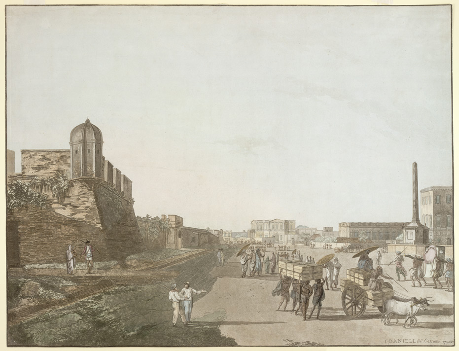 Old Fort, Playhouse and Holwell's Monument, Calcutta; by Thomas Daniell, 1786. Image credit: Wikimedia Commons. Old Fort, Playhouse and Holwell's Monument, Calcutta; by Thomas Daniell, 1786. Image credit: Wikimedia Commons.