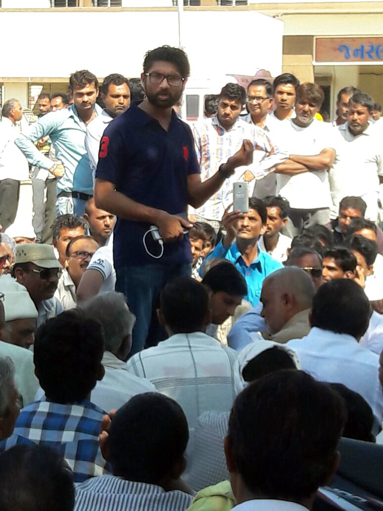 Activist Jignesh Mevani addresses the Dalit community in Par village. Activist Jignesh Mevani addresses the Dalit community in Par village.