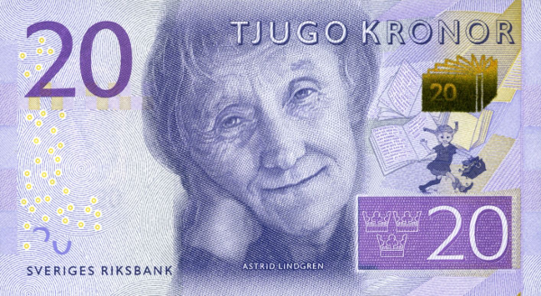 The Swedish 20-krona banknote featuring children’s author Astrid Lindgren, who created Pippi Longstocking. The Swedish 20-krona banknote featuring children’s author Astrid Lindgren, who created Pippi Longstocking.