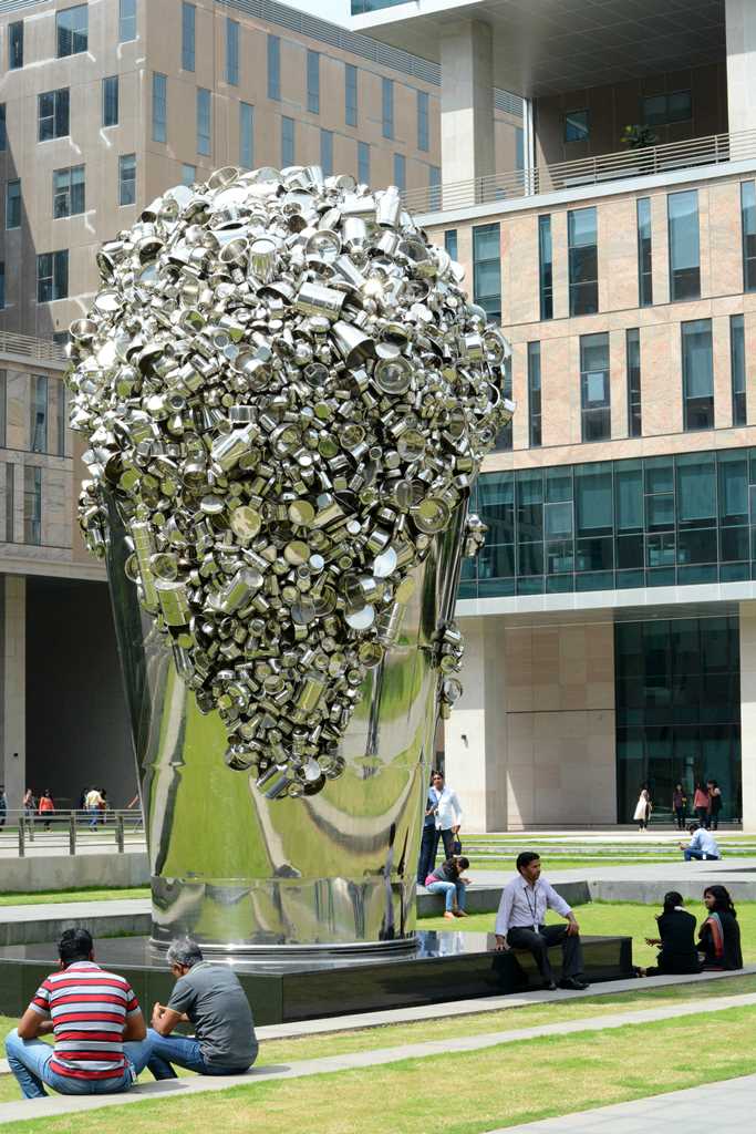 Subodh Gupta’s ‘Dreams Overflowing’ recalls the image of milk frothing from a bucket, while symbolising the wastage of natural resources. Photo credit: Nikhita Venugopal Subodh Gupta’s ‘Dreams Overflowing’ recalls the image of milk frothing from a bucket, while symbolising the wastage of natural resources. Photo credit: Nikhita Venugopal