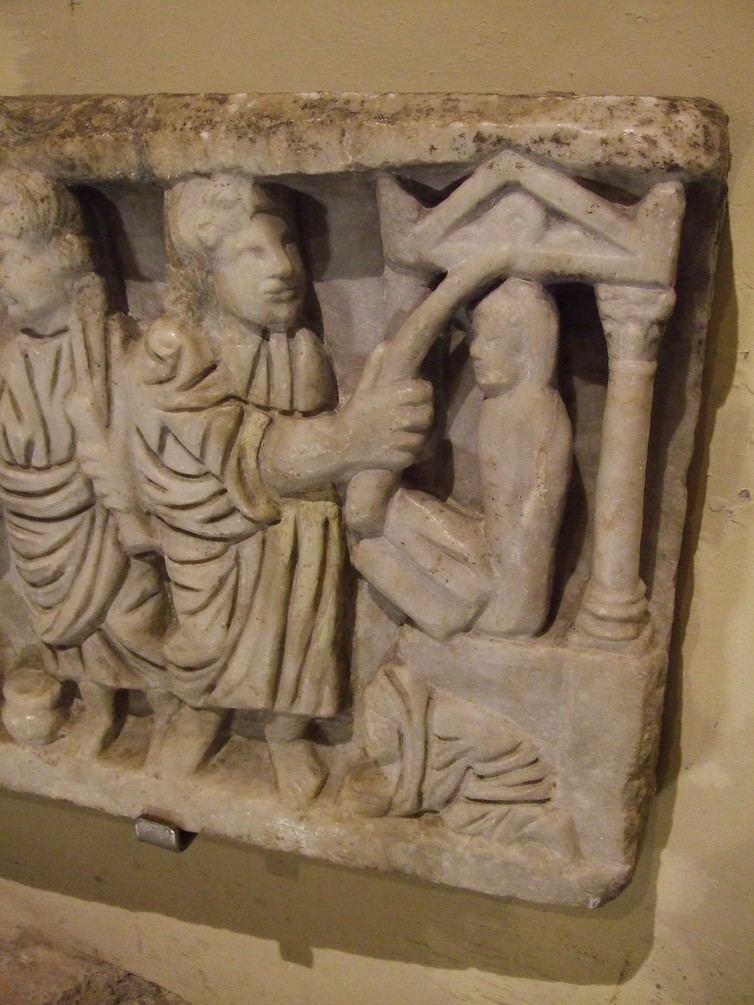 A carved sarcophagus (4th century CE) depicts Jesus raising Lazarus (far right). Photo by Dr Meredith J C Warren. A carved sarcophagus (4th century CE) depicts Jesus raising Lazarus (far right). Photo by Dr Meredith J C Warren.