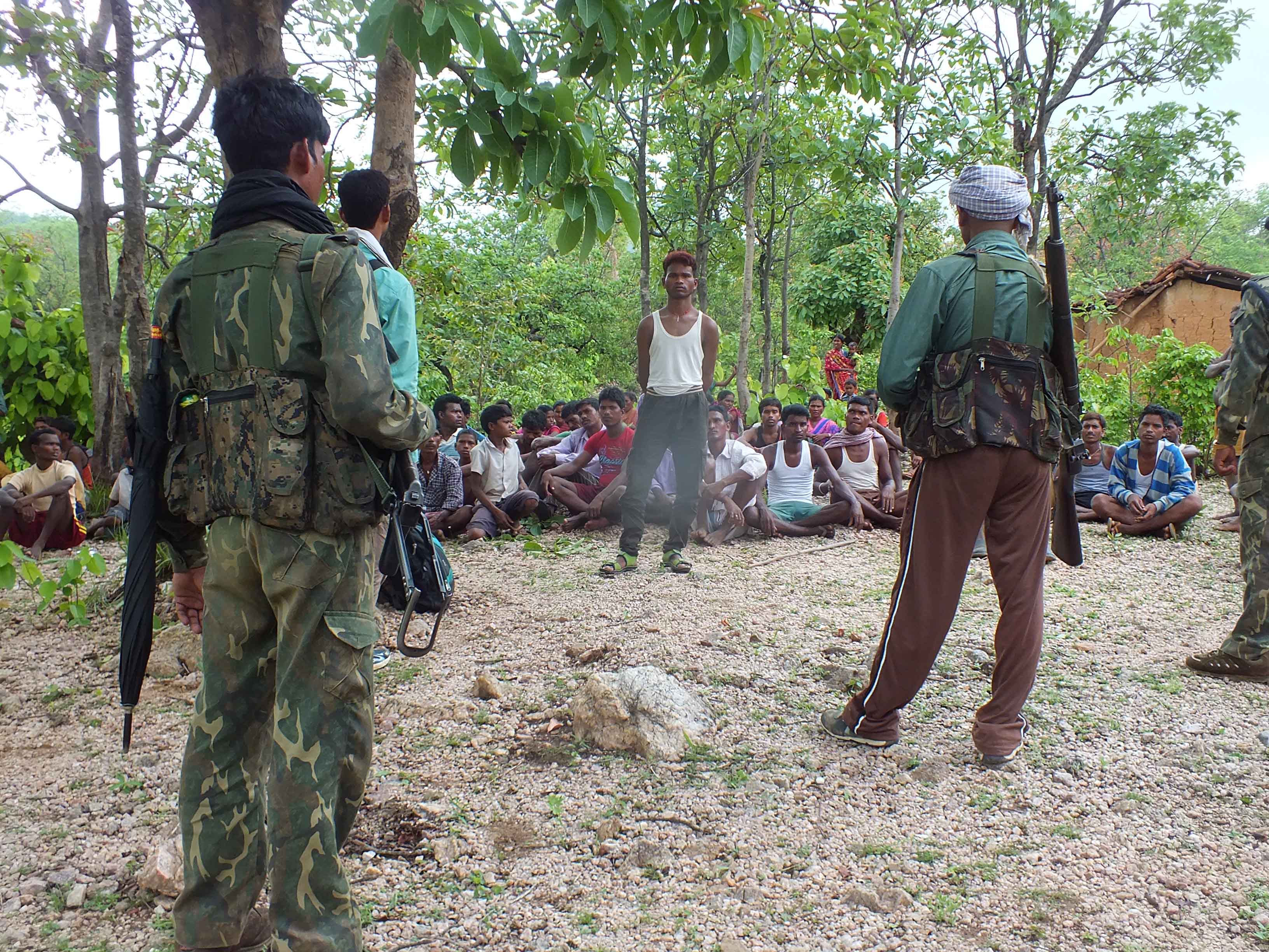A people's court held by splinter group Tritiya Sangharsh Prastuti Committee in Latehar on July 7 in which they interrogated a Jharkhand Jan Mukti Parishad cadre. (Photo credit: Special arrangement). A people's court held by splinter group Tritiya Sangharsh Prastuti Committee in Latehar on July 7 in which they interrogated a Jharkhand Jan Mukti Parishad cadre. (Photo credit: Special arrangement).