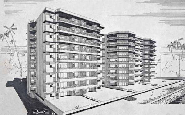 A rendering of Brighton Apartments (1959). A rendering of Brighton Apartments (1959).