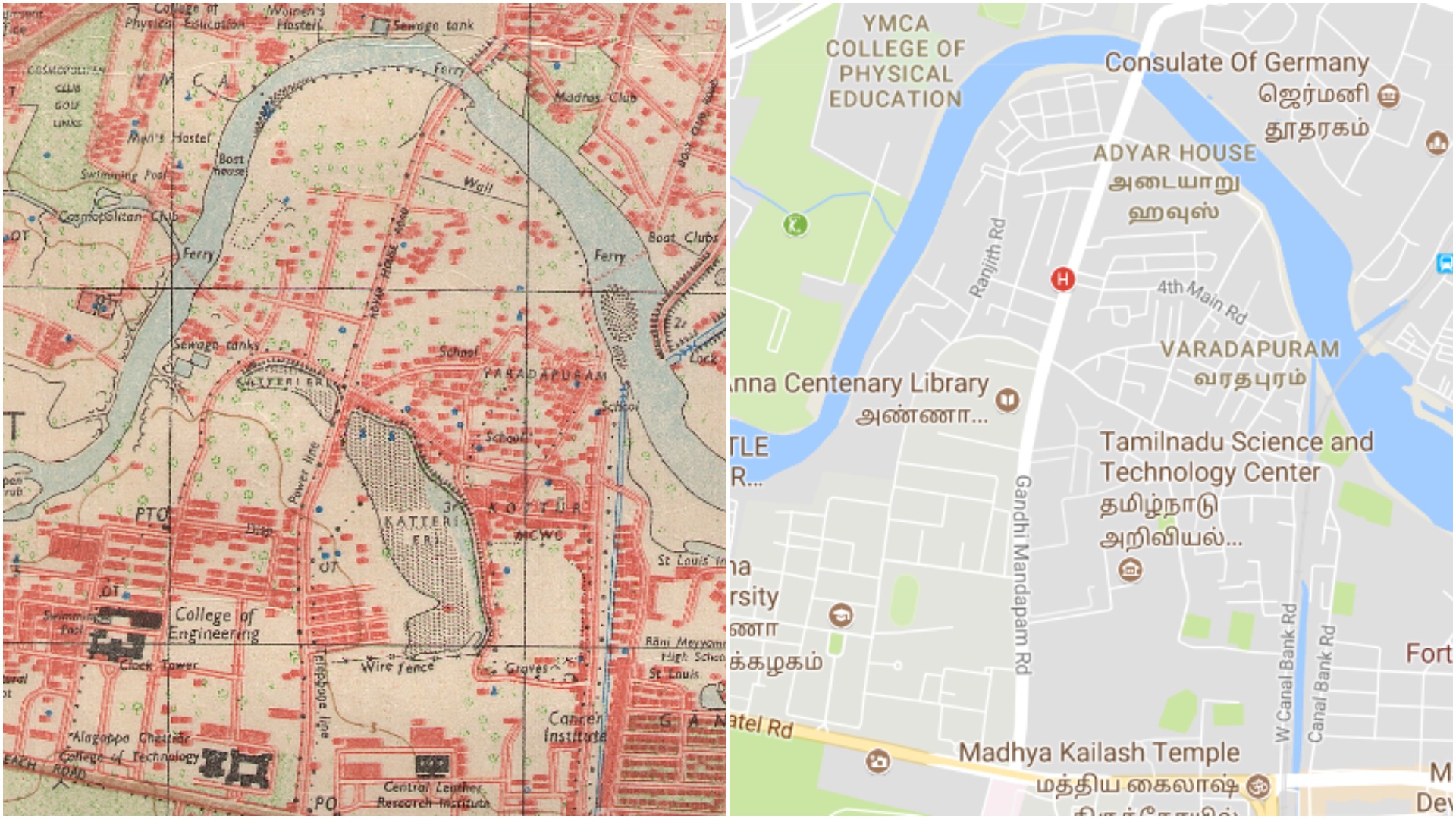 Katteri Lake in Kotturpuram. Source: Survey of India map, 1970 and Google maps. Katteri Lake in Kotturpuram. Source: Survey of India map, 1970 and Google maps.