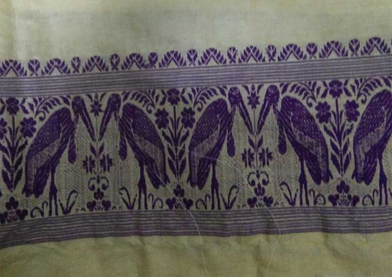 Traditional Assam silk textile with stork motif. Image Credit: Purinima Barman Traditional Assam silk textile with stork motif. Image Credit: Purinima Barman