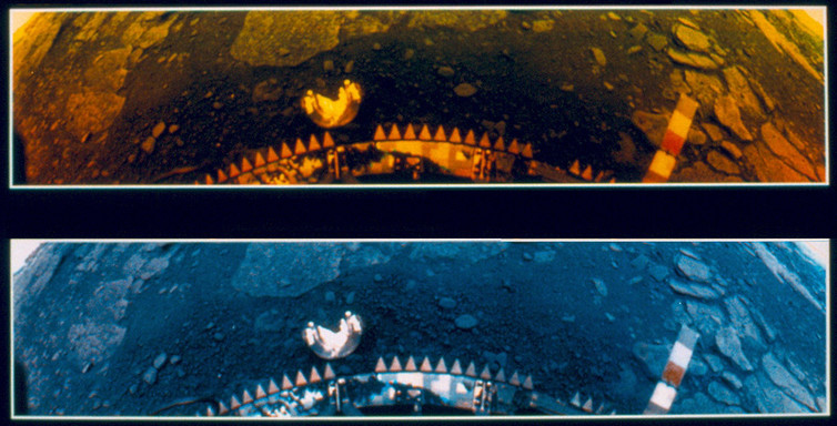 The surface of Venus by the Venera 13 lander. The top view is natural colour, the lower view is how it would look with the same sunlight as on Earth. NASA The surface of Venus by the Venera 13 lander. The top view is natural colour, the lower view is how it would look with the same sunlight as on Earth. NASA