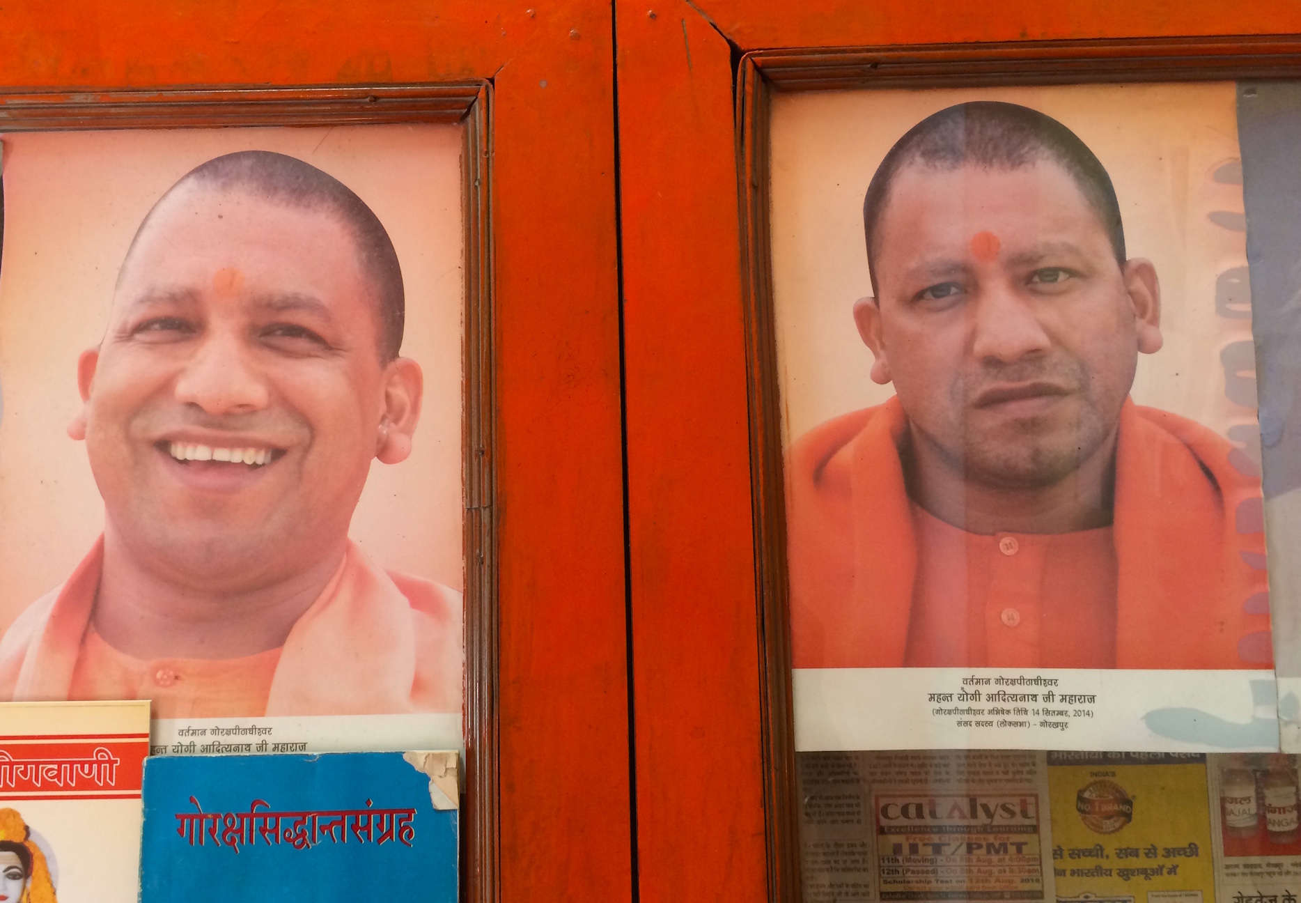 Posters of Adityanath available for sale at the Gorakhnath temple complex. Posters of Adityanath available for sale at the Gorakhnath temple complex.
