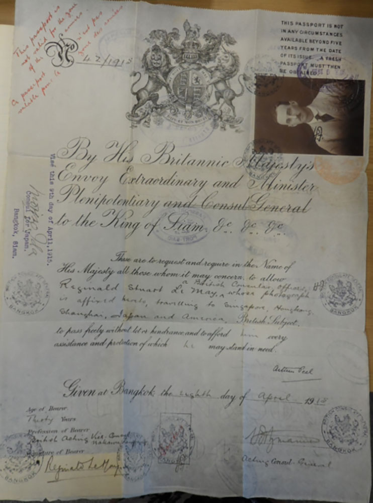 Le May’s diplomatic travel document issued in Bangkok in 1915. Photo credit: British Library, MSS Eur C275/4 Le May’s diplomatic travel document issued in Bangkok in 1915. Photo credit: British Library, MSS Eur C275/4