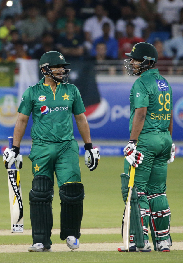 Khalid Latif (left) and Sharjeel Khan (right) batting together during a Twenty20 International match against West Indies in September 2016. Image credit: Karim Sahib / AFP Khalid Latif (left) and Sharjeel Khan (right) batting together during a Twenty20 International match against West Indies in September 2016. Image credit: Karim Sahib / AFP