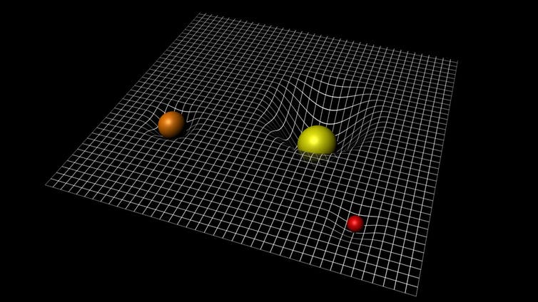 The curvature of spacetime due to the presence of objects with mass. Credit: ESA–C.Carreau The curvature of spacetime due to the presence of objects with mass. Credit: ESA–C.Carreau