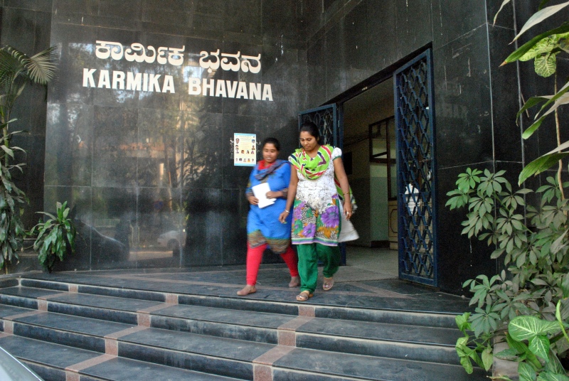 Manjula K and Shruti M leave the Karnataka Labour Department. (Photo credit: Rohini Mohan). Manjula K and Shruti M leave the Karnataka Labour Department. (Photo credit: Rohini Mohan).