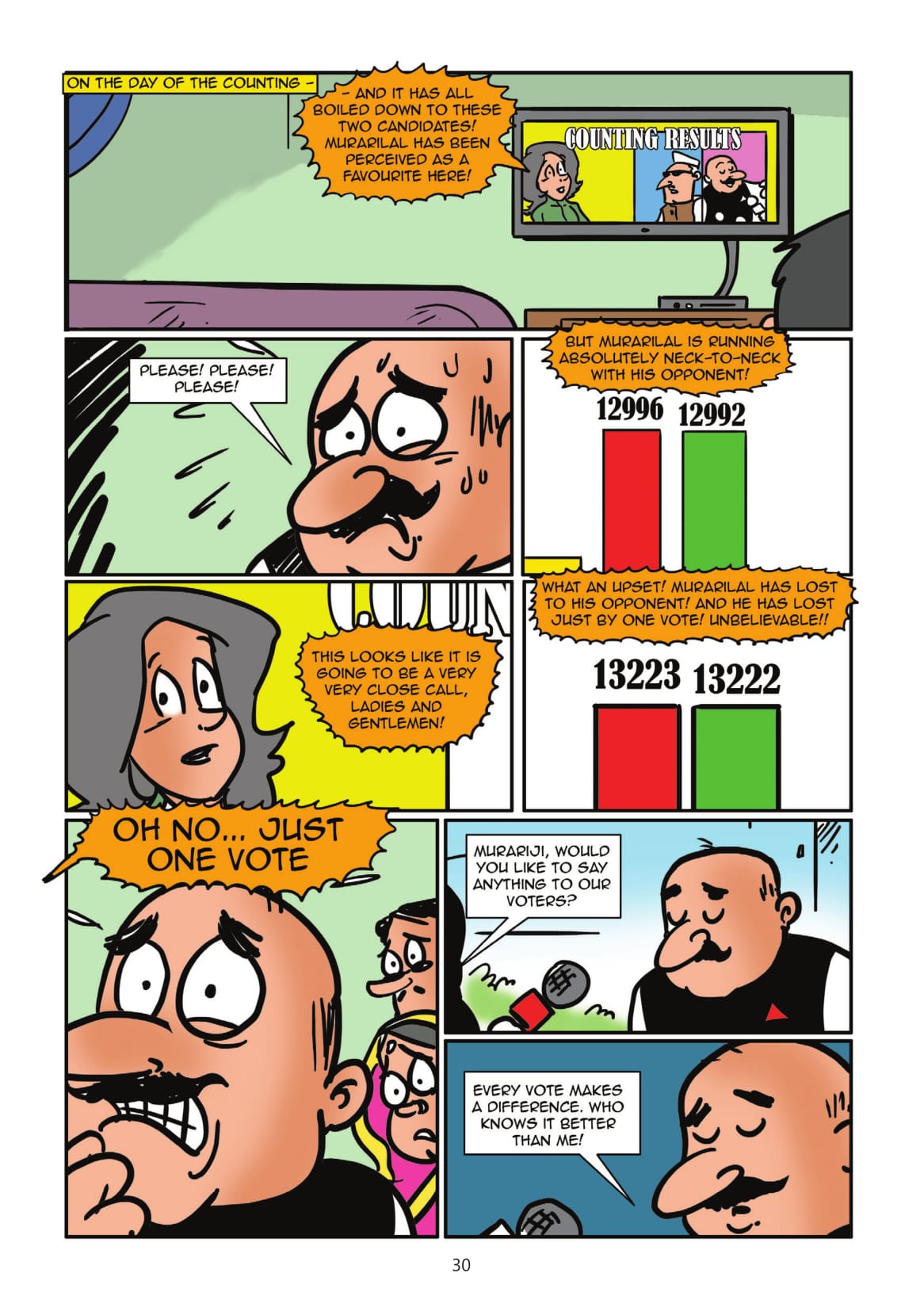A page from 'One Vote' (Story by Kanan and Kelly Dhru/Illustrated by Abhijeet Kini). A page from 'One Vote' (Story by Kanan and Kelly Dhru/Illustrated by Abhijeet Kini).