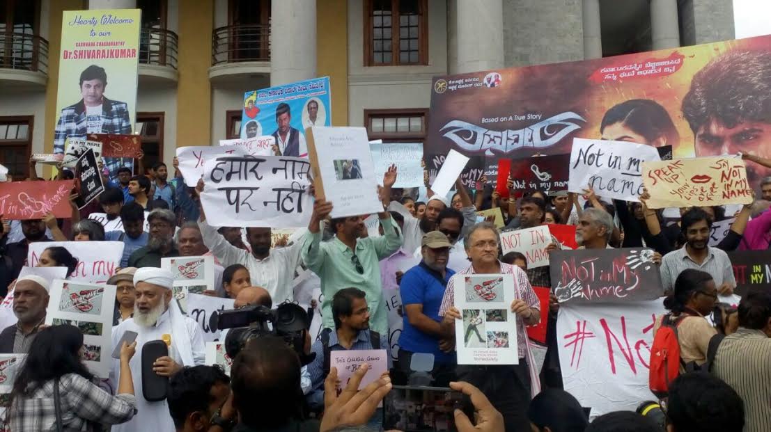 Historian Ramachandra Guha with protestors at a Historian Ramachandra Guha with protestors at a