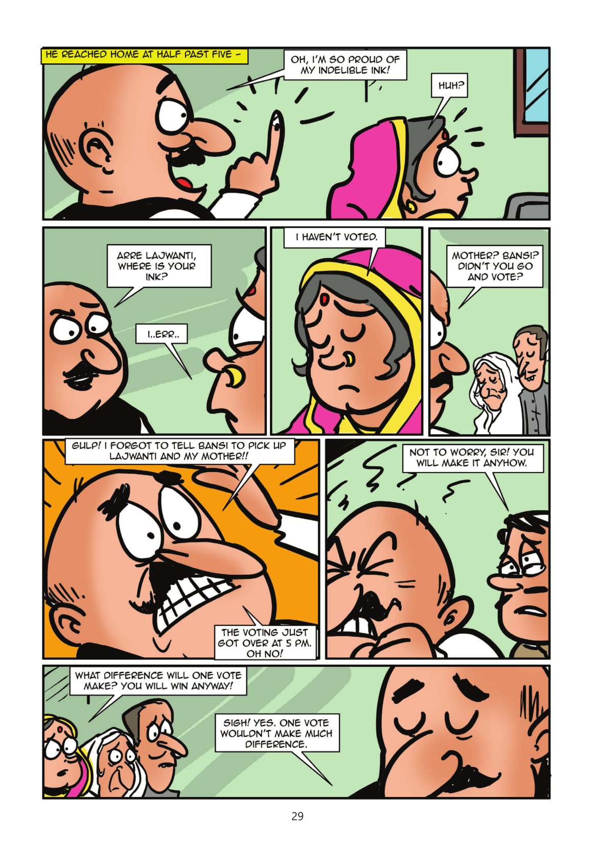 A page from 'One Vote' (Story by Kanan and Kelly Dhru/Illustrated by Abhijeet Kini). A page from 'One Vote' (Story by Kanan and Kelly Dhru/Illustrated by Abhijeet Kini).